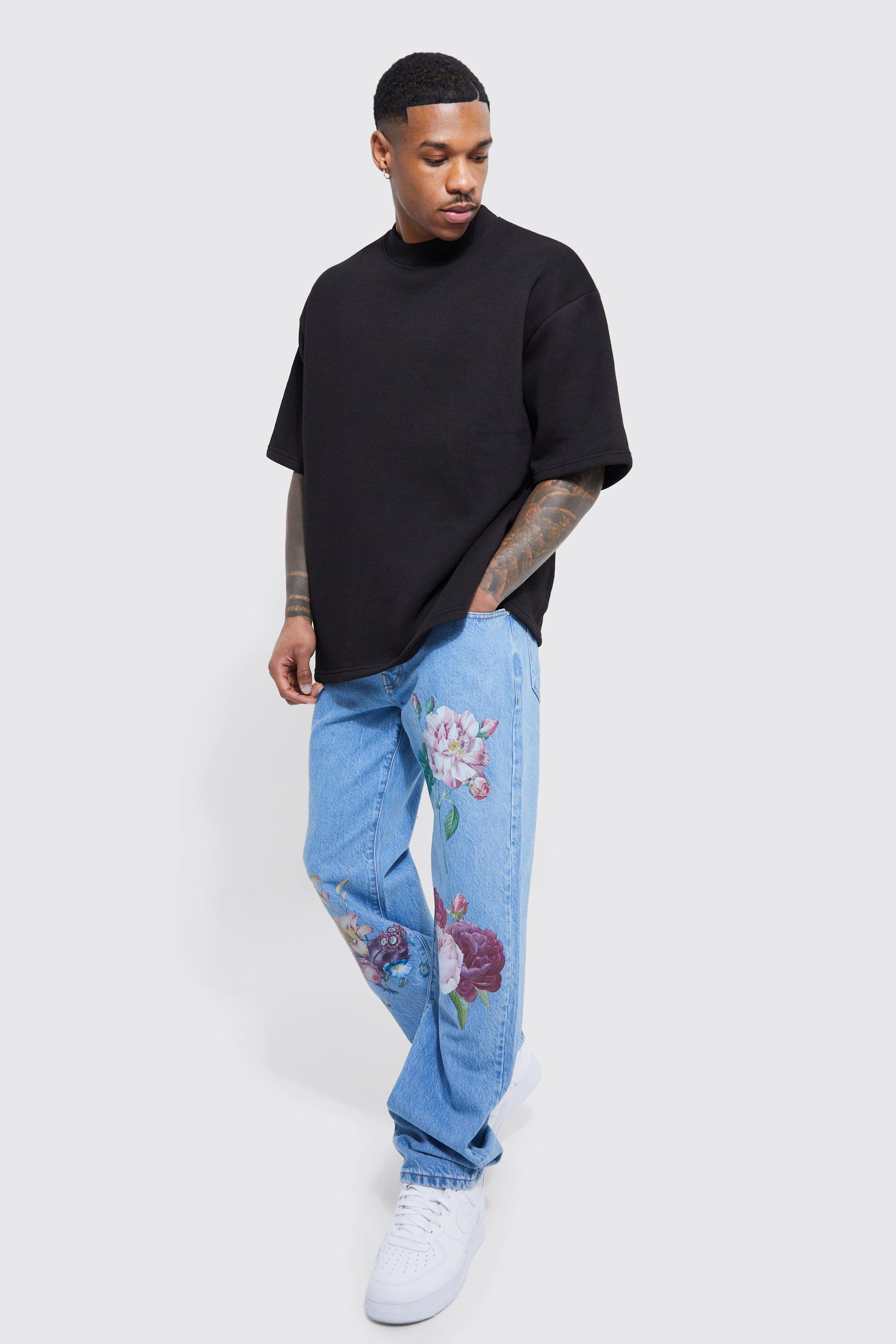 Floral print cheap jeans mens